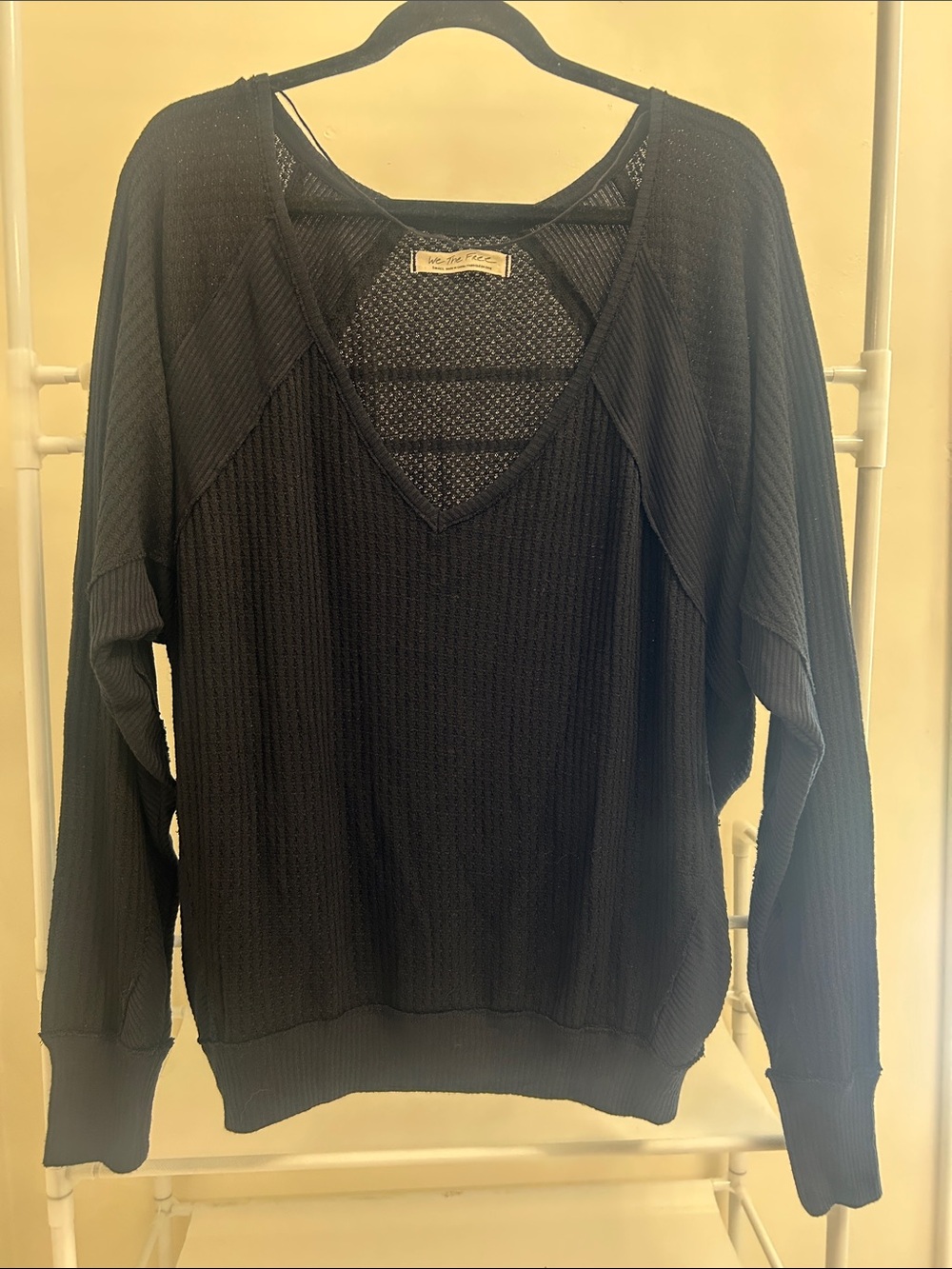 Free People Black V-Neck Waffle Knit Pullover Sweater